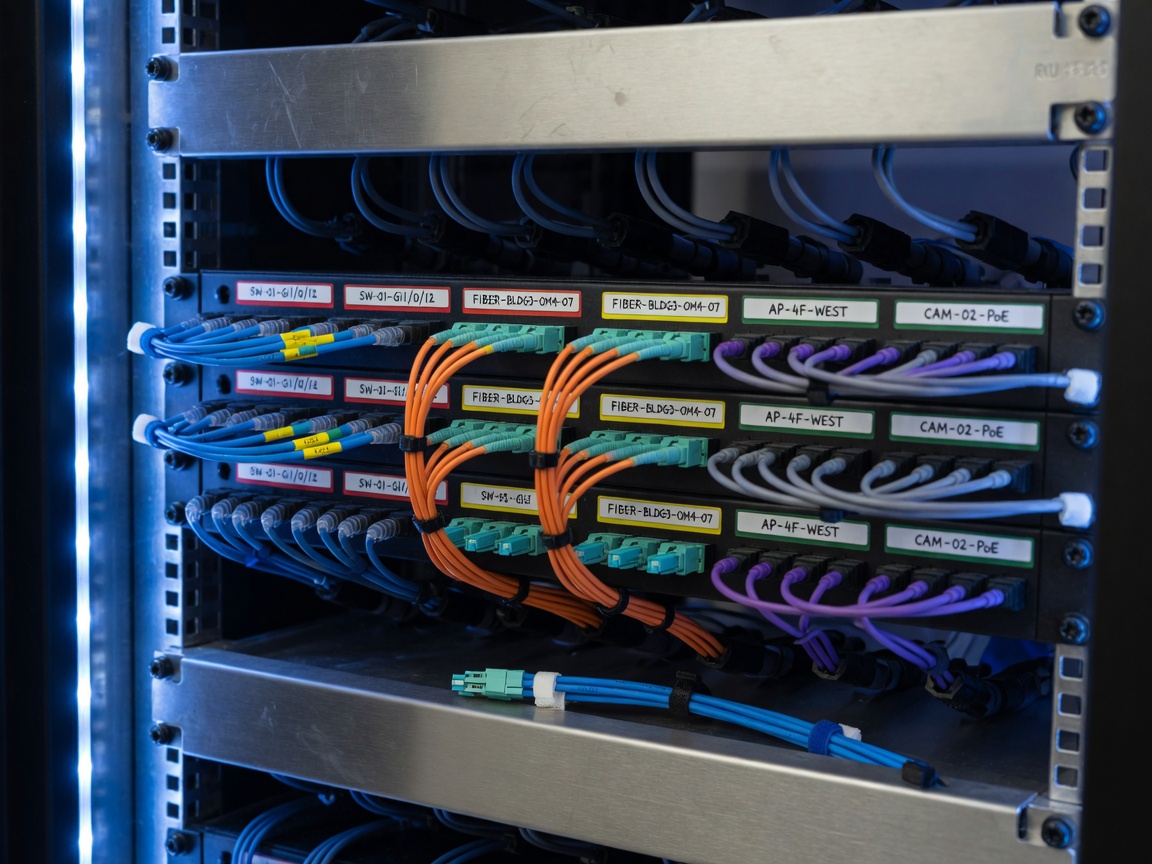 Patch panel con cableado de fibra y cobre etiquetado en gabinete de red